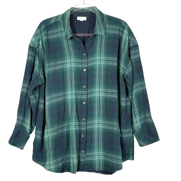 J. Jill XL Button Tunic Top Shirt Green Plaid Double Cloth Pockets Rayon Shacket - Picture 1 of 11
